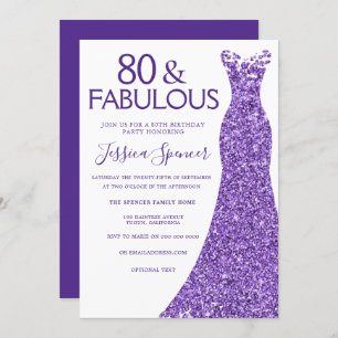 Purple Glitter Dress Womans 80th Birthday Party Invitation
