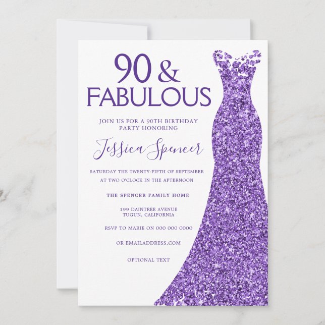 Purple Glitter Dress Womans 90th Birthday Party Invitation (Front)