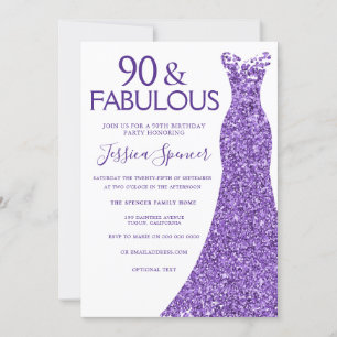 Purple Glitter Dress Womans 90th Birthday Party Invitation