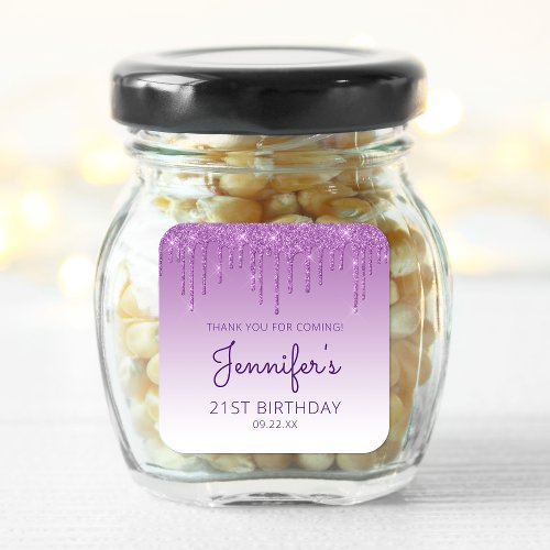 Purple Glitter Drip 21st Birthday Party Thank You Square Sticker