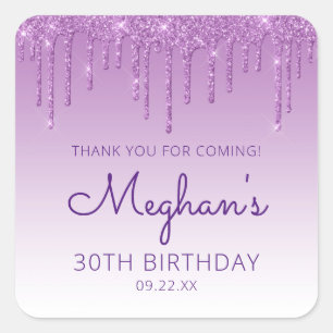 Purple Glitter Drip 30th Birthday Party Thank You Square Sticker