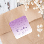 Purple Glitter Drip 30th Birthday Thank You Square Sticker<br><div class="desc">These chic 30th birthday party thank-you stickers feature a sparkly purple faux glitter drip border and purple ombre background. The words "Thank you for coming!" appear in sans serif font. Personalize them with her name in purple handwriting script,  along with her birthday and date below.</div>