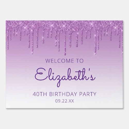 Purple Glitter Drip 40th Birthday Drive_By Party Sign