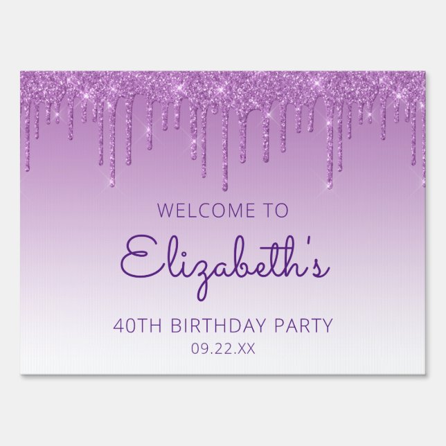 Purple Glitter Drip 40th Birthday Drive-By Party Sign (Front)