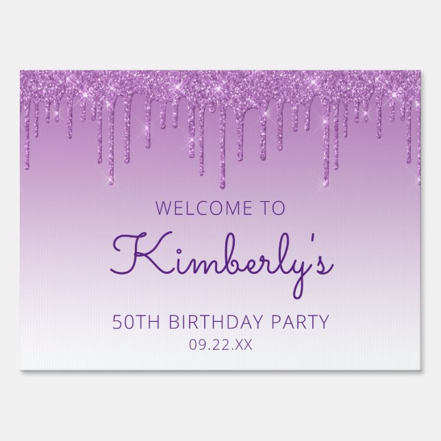Purple Glitter Drip 50th Birthday Drive-By Party Sign (Front)