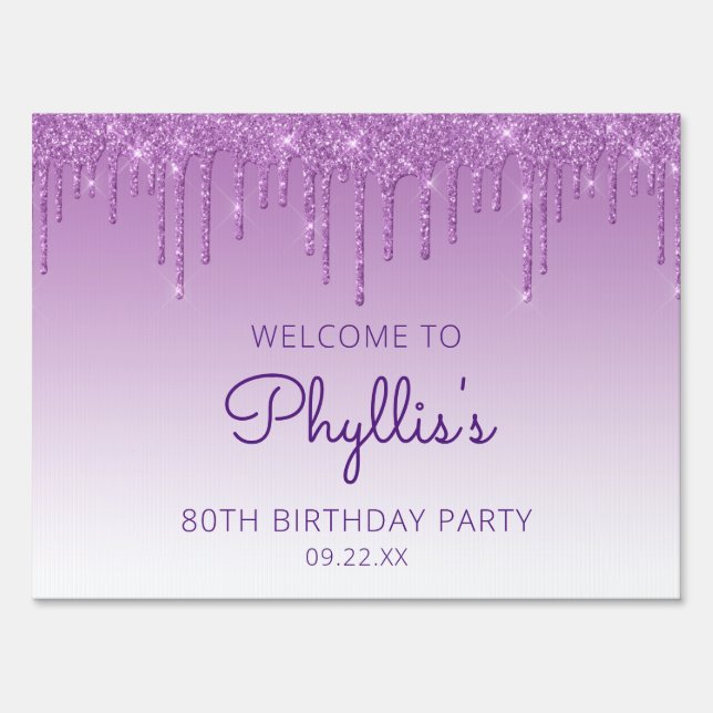Purple Glitter Drip 80th Birthday Party Yard Sign (Front)
