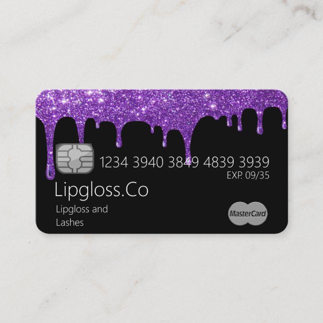 Purple Glitter Drip Credit Card Business Card (Front)