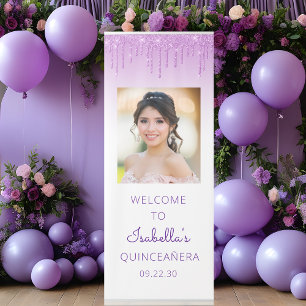 Purple Glitter Drip Custom Photo Quinceañera Party Retractable Banner