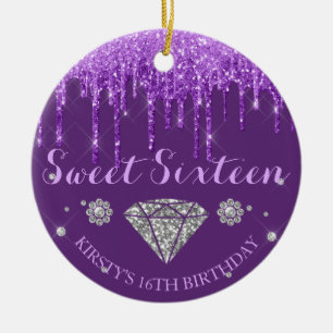 Purple Glitter Drip Diamond Sweet Sixteen Ceramic Ornament