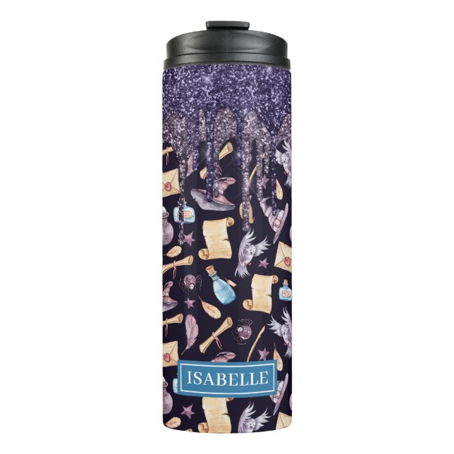 Purple Glitter Drip Halloween Witch Pattern Thermal Tumbler (Front)