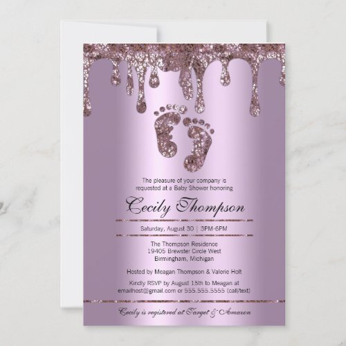 Purple Glitter Drip Luxury Baby Feet Shower Invitation