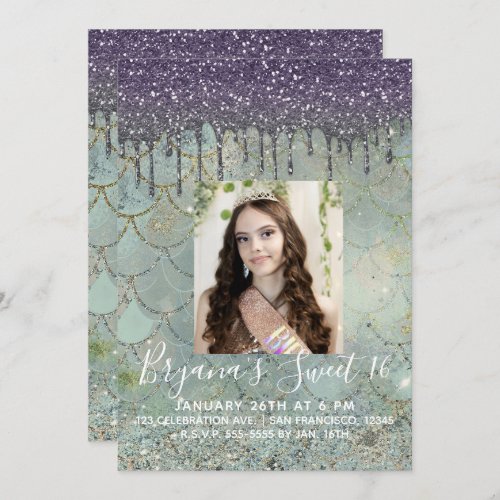 Purple Glitter Drip Mermaid Sweet 16 Photo Invitation