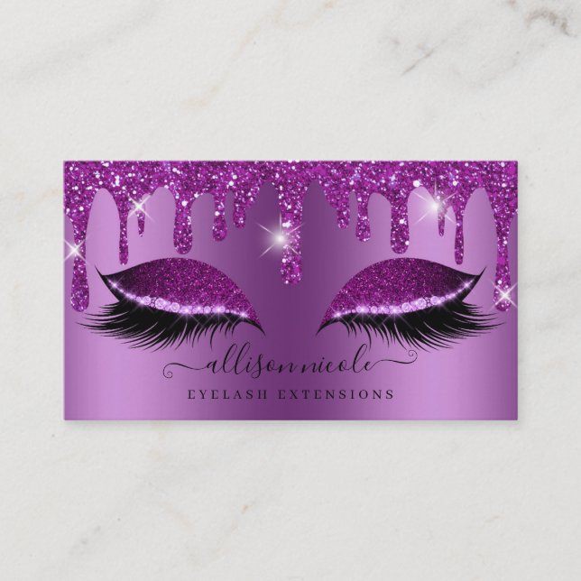 Purple Glitter Drip Metallic Foil Eyelash Business Card (Front)
