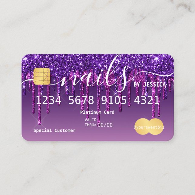 Purple Glitter Drip Nails Credit Business Card (Front)