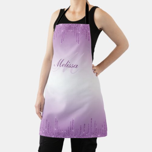 purple glitter drip personalized name monogram apron