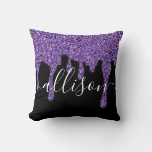 Purple glitter drip personalized throw pillow