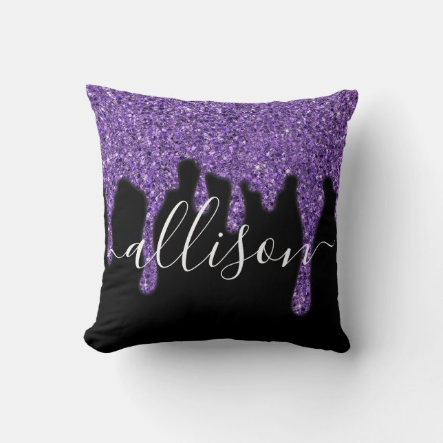 Purple glitter drip personalized throw pillow (Front)
