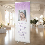 Purple Glitter Drip Photo 21st Birthday Party Retractable Banner<br><div class="desc">Welcome guests to her 21st birthday party with this chic retractable banner, featuring a sparkly purple faux glitter drip border above her photo on a purple ombre background. Personalize it with her name in purple handwriting script, with her birthday and date below in sans serif font. Easily replace the sample...</div>