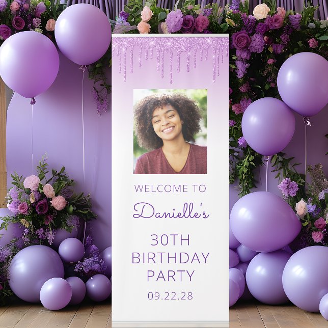 Purple Glitter Drip Photo 30th Birthday Party Retractable Banner (Creator Uploaded)