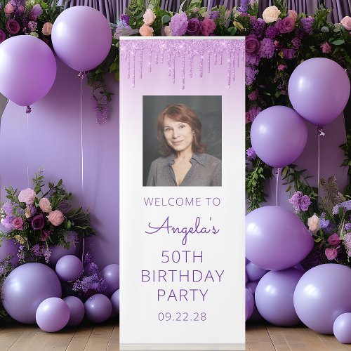 Purple Glitter Drip Photo 50th Birthday Party Retractable Banner