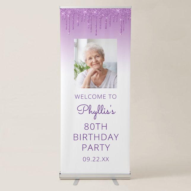 Purple Glitter Drip Photo 80th Birthday Party Retractable Banner (Front)