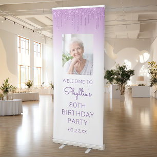 Purple Glitter Drip Photo 80th Birthday Party Retractable Banner