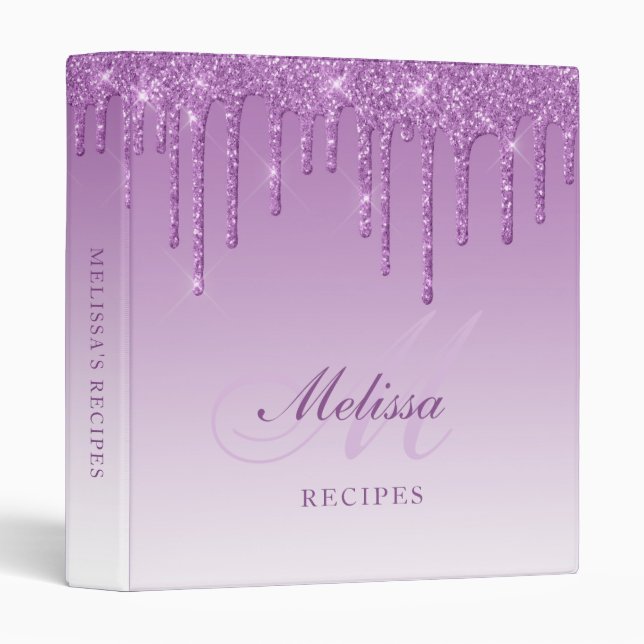 purple glitter drip rendy monogram recipe 3 ring binder (Front/Spine)