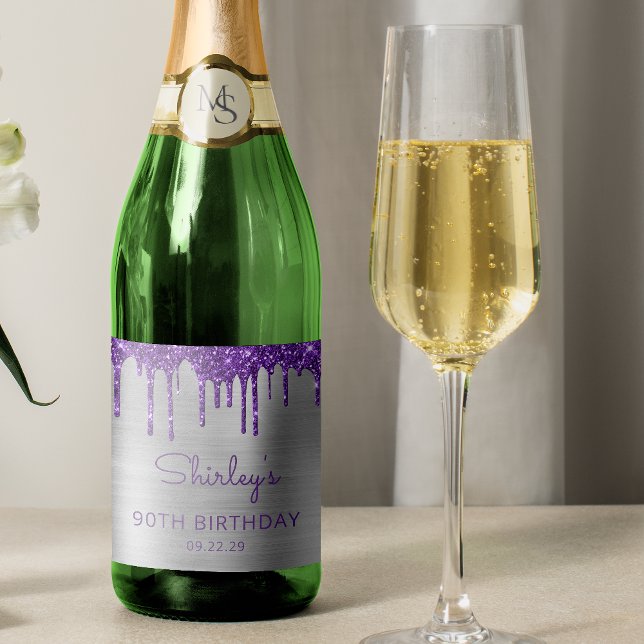 Purple Glitter Drip Silver 90th Birthday Party Sparkling Wine Label (Creator Uploaded)