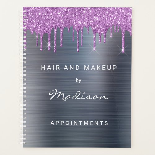 Purple Glitter Drip Silver Brush Metal Appointment Planner