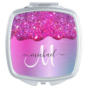 Purple Glitter Drip sparkle Metal Monogram Name Compact Mirror