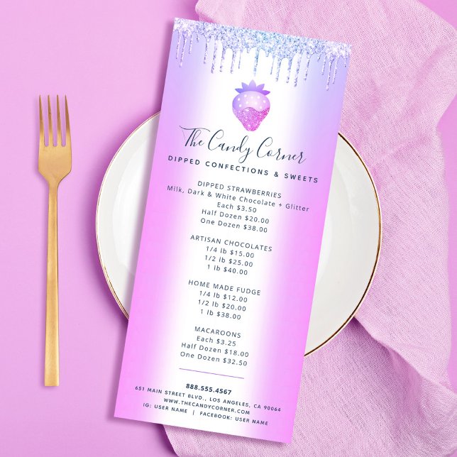 Purple Glitter Drip Strawberry Sweets Dessert Menu (Creator Uploaded)