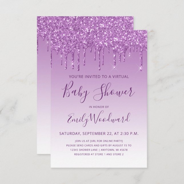 Purple Glitter Drip Virtual Baby Shower Invitation (Front/Back)