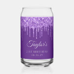 Purple Glitter Drips 21st Birthday Can Glass<br><div class="desc">Create your own 21st birthday party design on a can glass. Girly faux sparkly dripping purple glitter over a customizable solid royal purple color background. Customize the font styles to create your own personalized beer glass for her special celebration. A classic elegant calligraphy paired with an all caps serif font....</div>