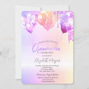 Purple Glitter Drips Balloons Silver Quinceañera Invitation