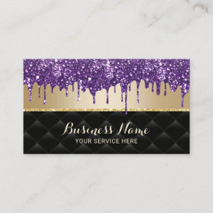 Purple Glitter Drips Black & Gold Beauty Salon Business Card