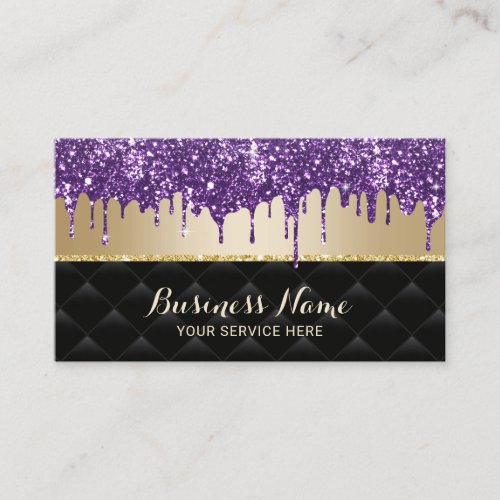 Purple Glitter Drips Black  Gold Beauty Salon Business Card