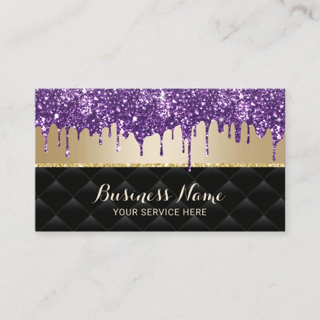 Purple Glitter Drips Black & Gold Beauty Salon Business Card (Front)