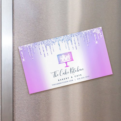 Purple Glitter Drips Cake Bakery Pastry Chef Chic Business Card Magnet