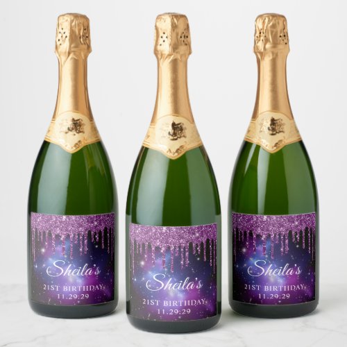 Purple Glitter Drips Celestial 21st Birthday Sparkling Wine Label
