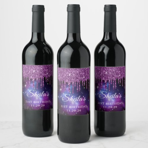 Purple Glitter Drips Celestial 21st Birthday Wine Label