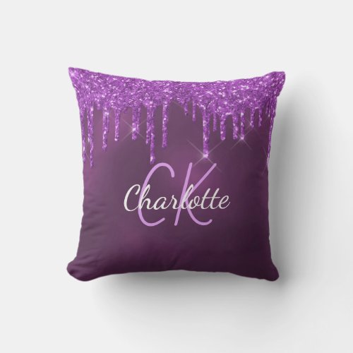 Purple glitter drips custom monogram name outdoor pillow