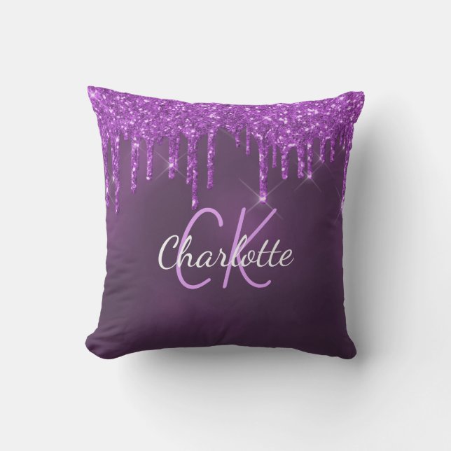 Purple glitter drips custom monogram name outdoor pillow (Front)