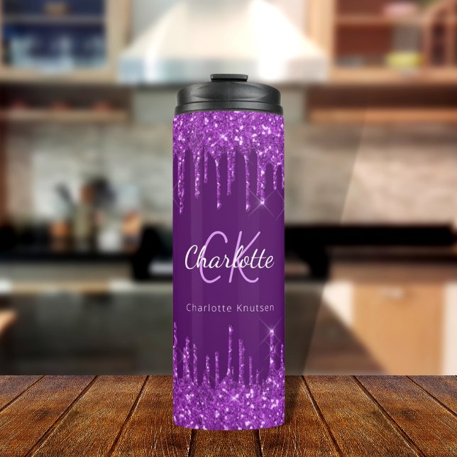 Purple glitter drips custom monogram name  thermal tumbler (Creator Uploaded)