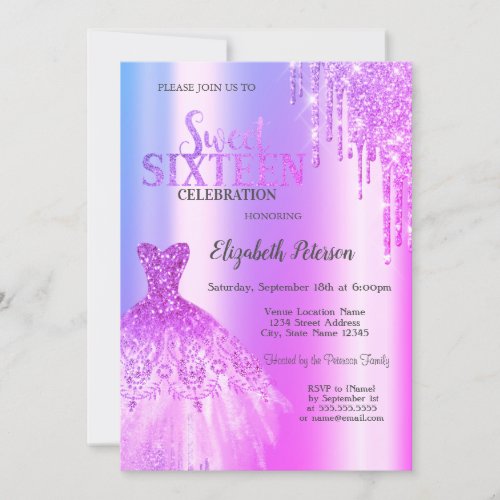 Purple Glitter DripsDress Violet Sweet 16 Invitation