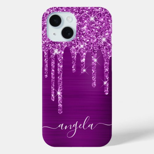 Purple Glitter Drips Glam Girly Signature iPhone 15 Case