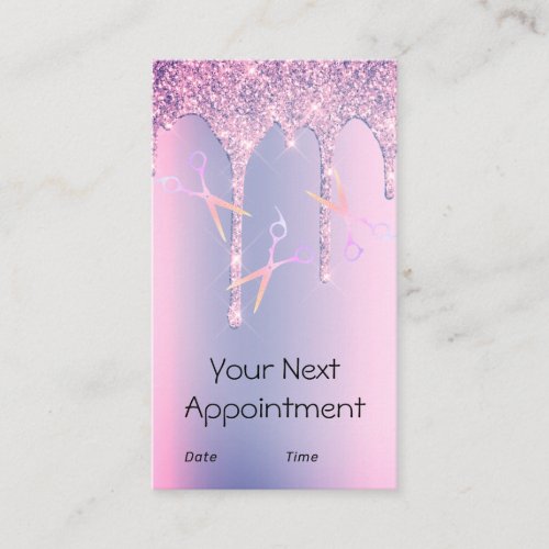 Purple glitter drips holographic scissors hair appointment card