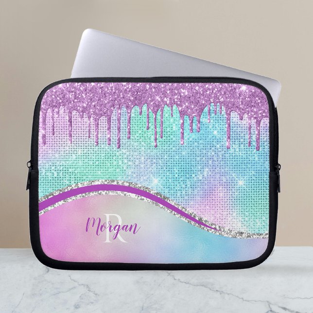 Purple Glitter Drips, Iridescent, Name & Monogram Laptop Sleeve (Creator Uploaded)