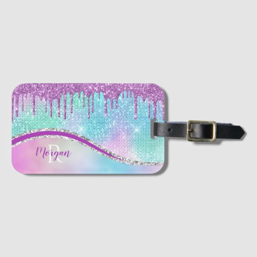Purple Glitter Drips Iridescent Name  Monogram Luggage Tag