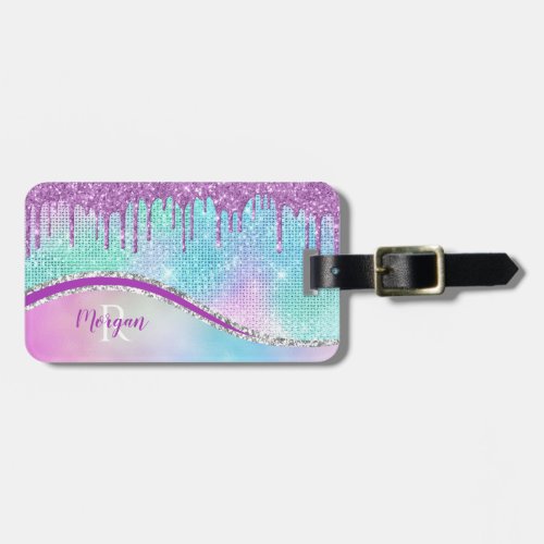 Purple Glitter Drips Iridescent Name  Monogram  Luggage Tag