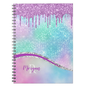 Purple Glitter Drips, Iridescent, Name & Monogram Notebook